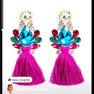 Fuchsia Rhinestone Tassel/Fringe Earrings